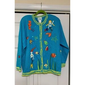 Vintage Quacker Factory Mermaid Ocean Fish Themed Beaded Cardigan Sweater 1X